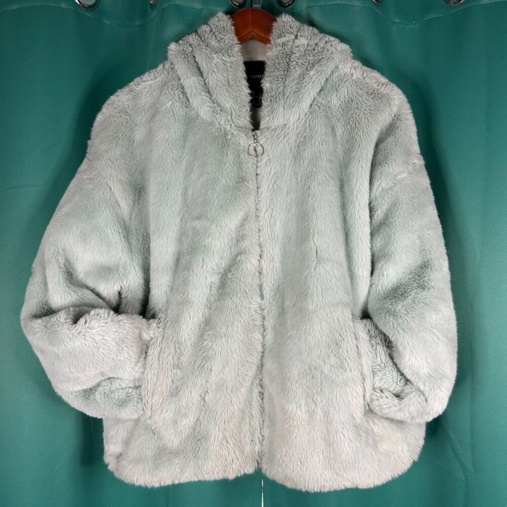 Light Aqua Faux Fur Hooded Jacket Women L Ring Zipper Plush Coat Retro Style